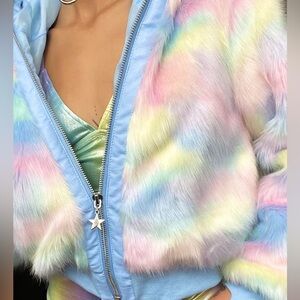 Faux fur candy pastel rainbow ombré hooded jacket size medium